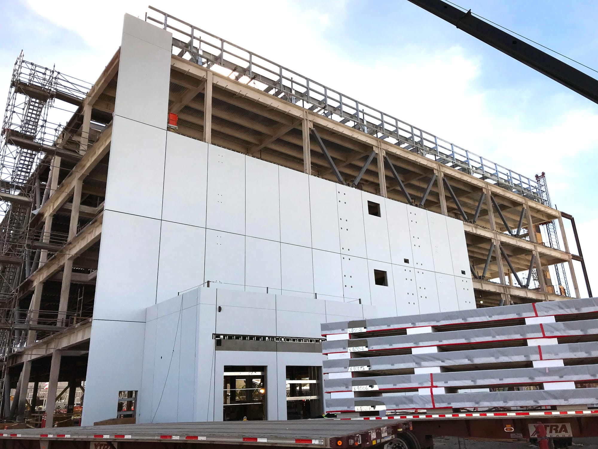 Exterior of a building under construction using panelized wall systems.