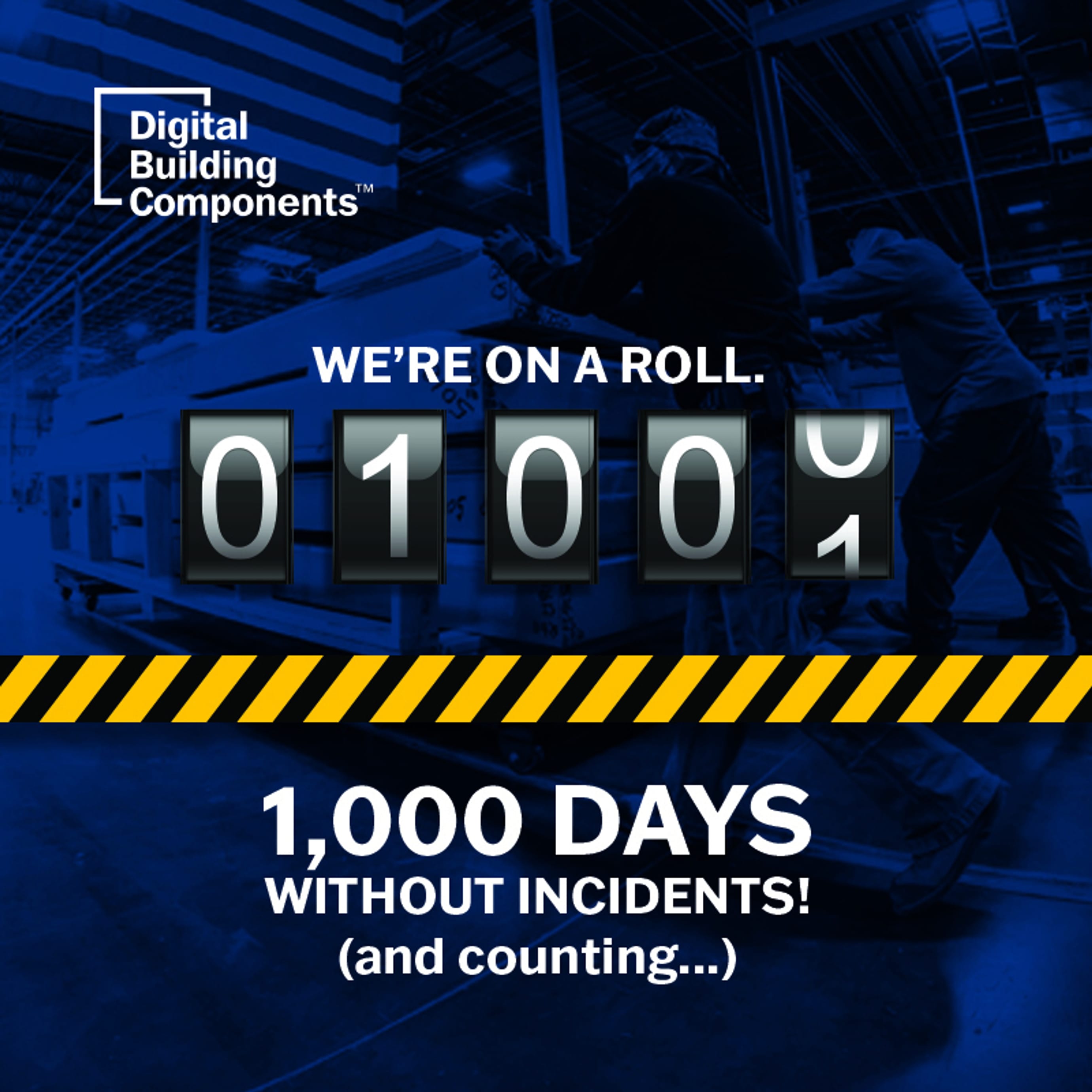 DBC's "1,000 days without incidents! (and counting)" graphic with counter