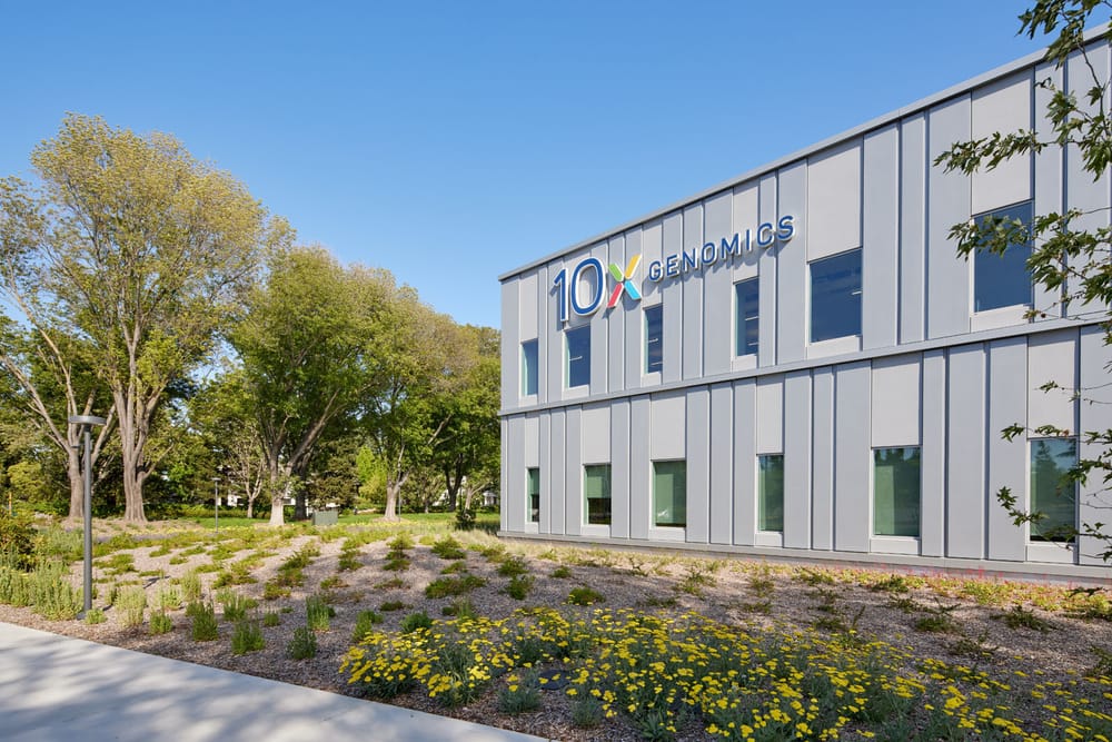 Side view of biotech facility exterior