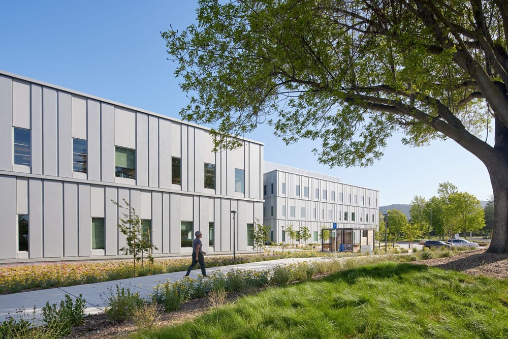 Side view of biotech facility exterior