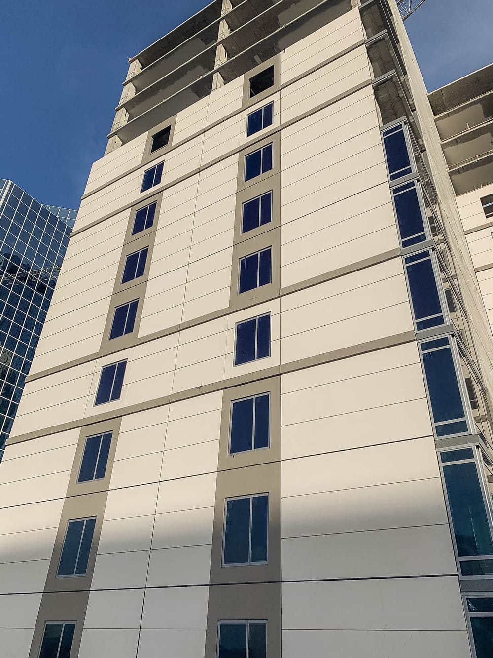 Close-up view of DBC's exterior prefabricated panels
