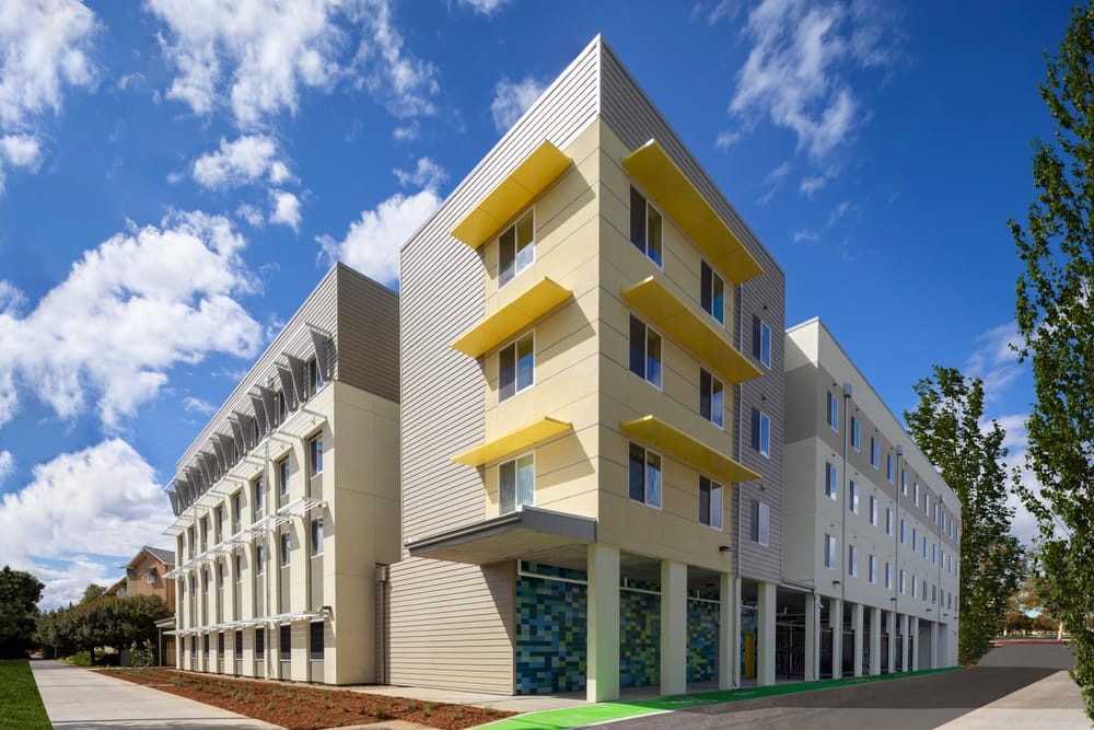 Corner street view of Yosemite Hall at UC Davis