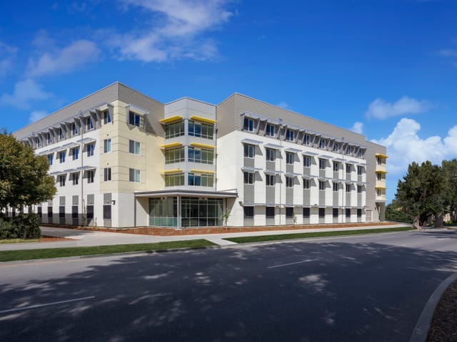 Corner street view of Yosemite Hall at UC Davis