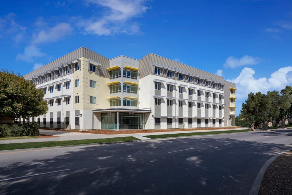 Corner street view of Yosemite Hall at UC Davis