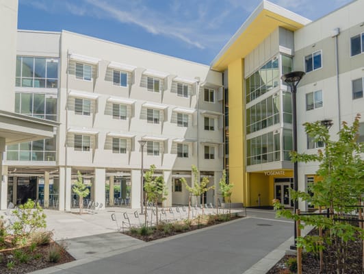 A four story building lined with bicycle racks and newly planted trees.