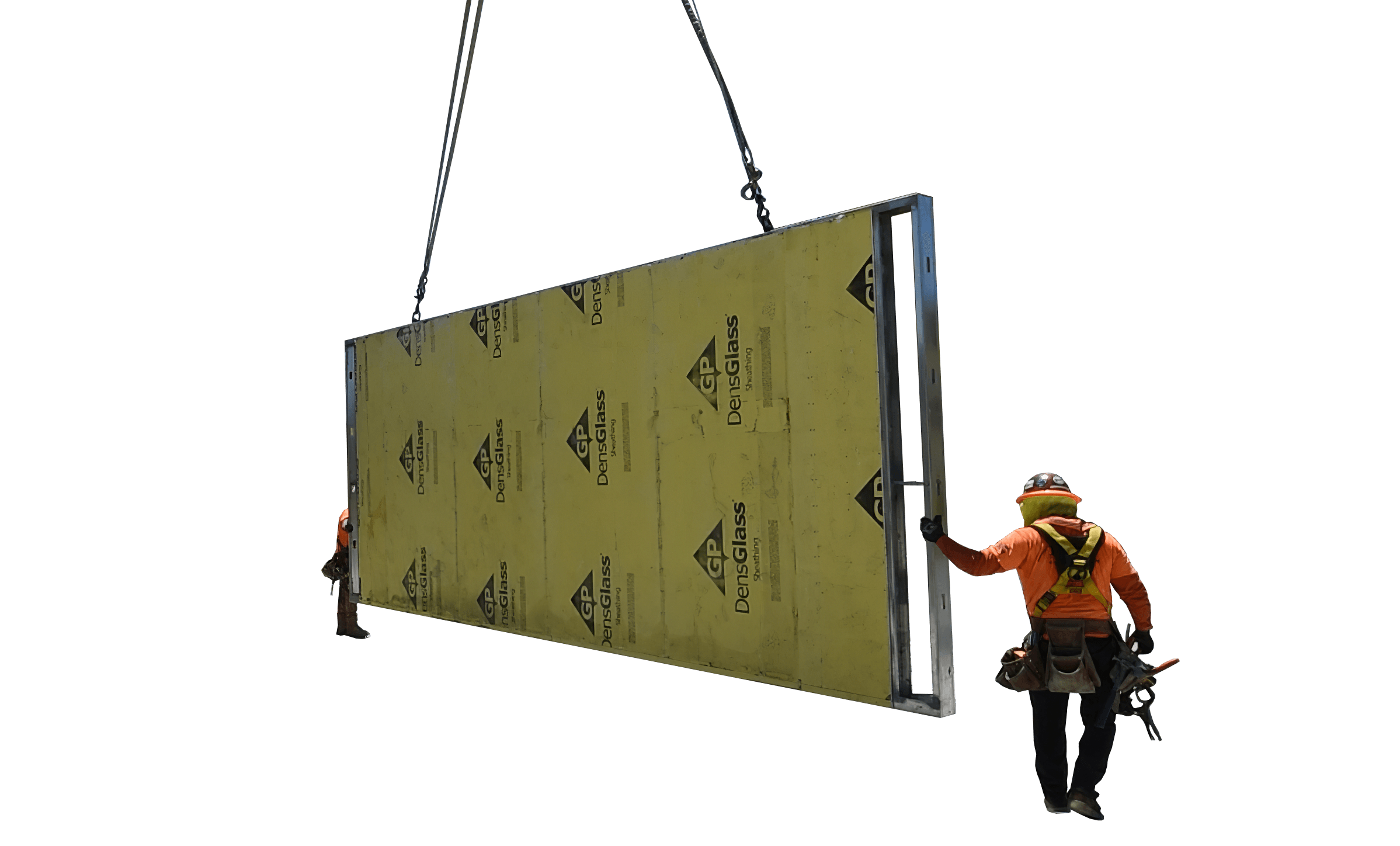 Two workers wearing PPE support a hoisted panel system.