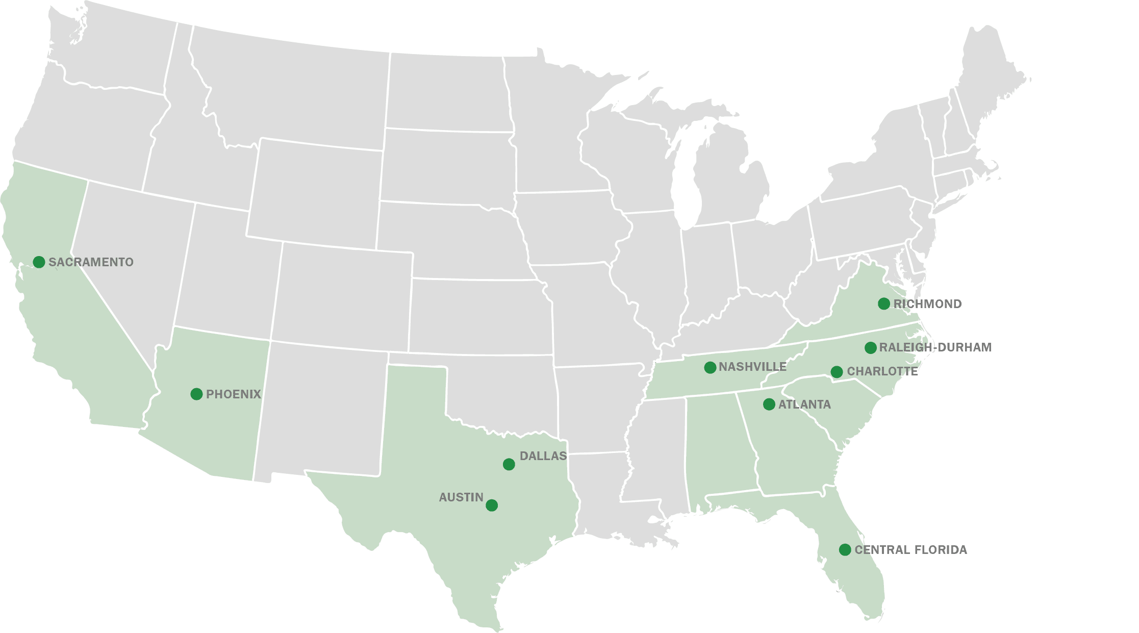 A map showing all of the office locations where EIG is located and does work.