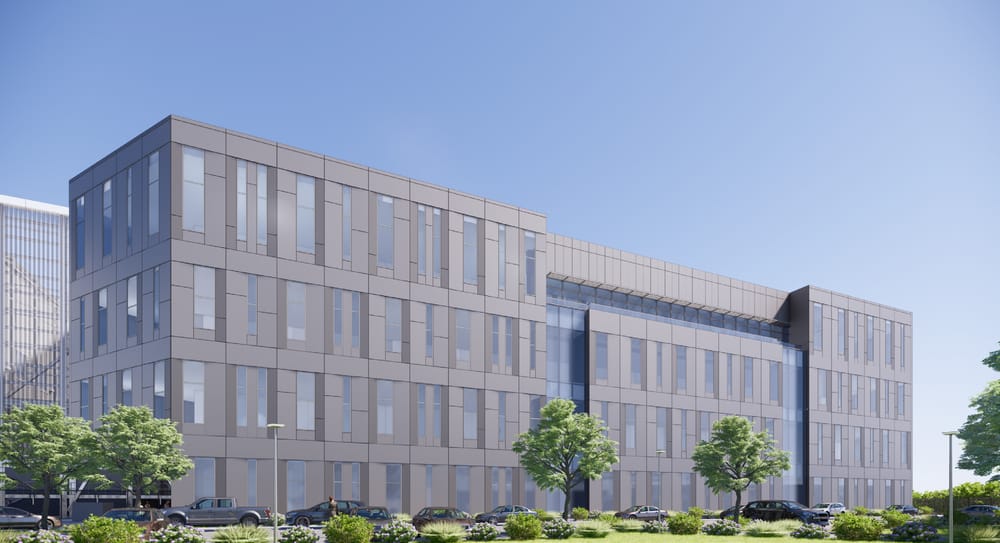Model rendering of the exterior of a 4 story building with people parked out front