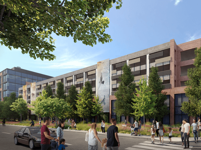 Architectural rendering of the outside of a 6 story parking garage, with people walking from and to the building