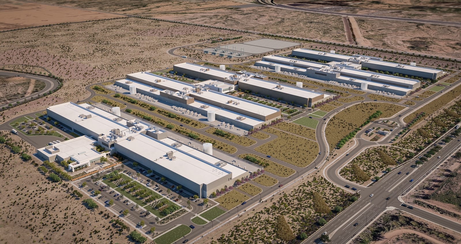 An ariel rendering view of 5 buildings in the middle of the desert