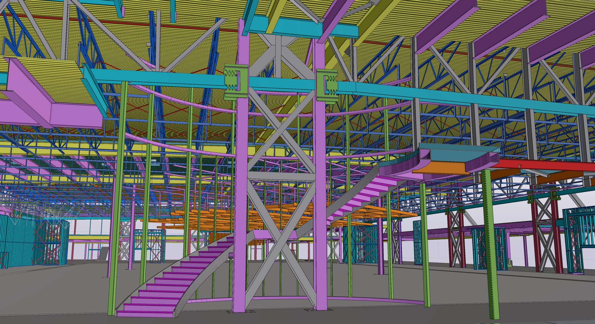 interior rendering of steel beams and framing