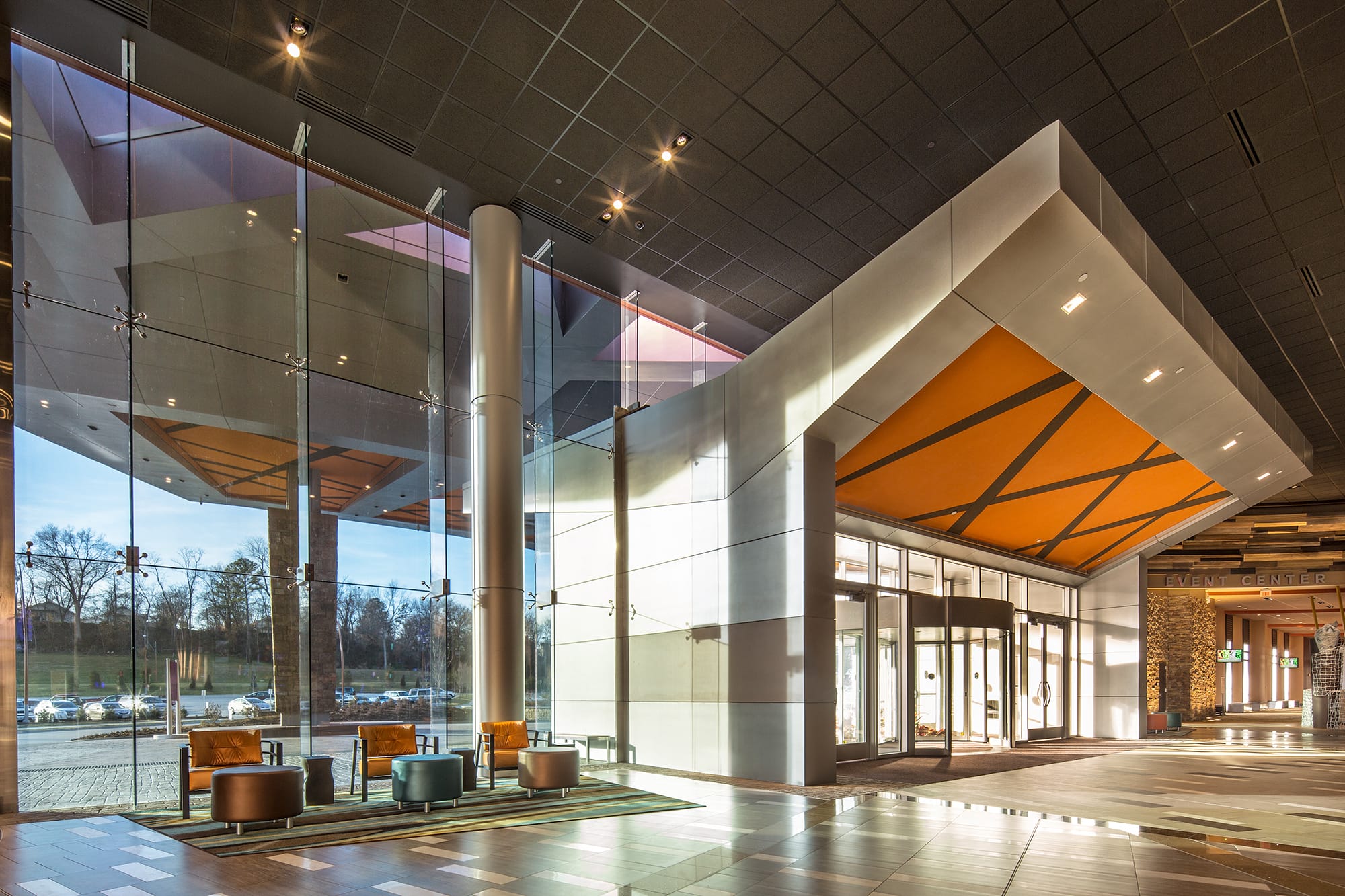 interior lobby entrance with floor to ceiling glass windows