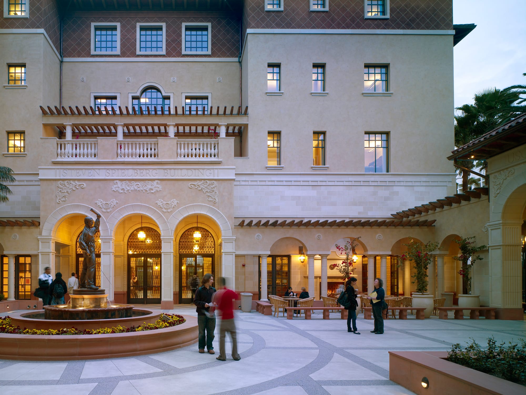 exterior courtyard of a building and fountain at USC Cinematic Arts Building