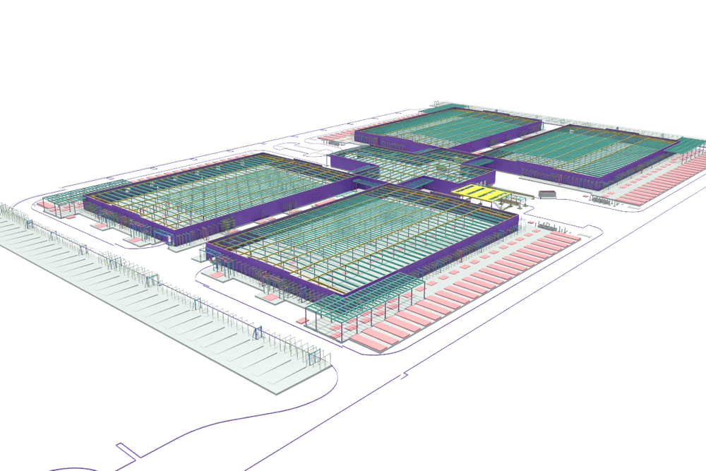A 3D model of a 4 building data center