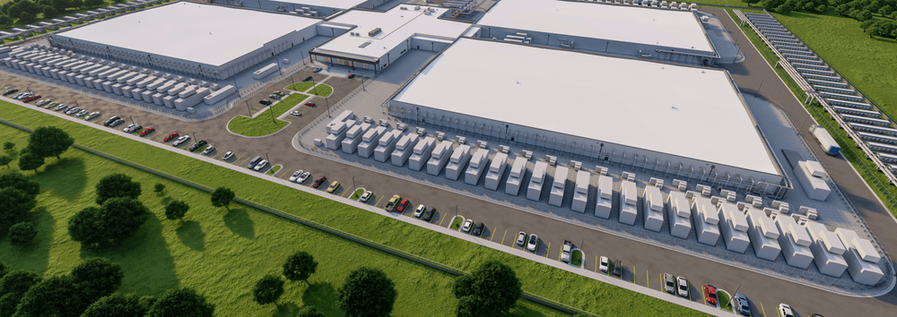 A building rendering with 3 buildings and a parking lot