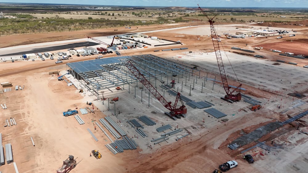 An ariel view of the steel frame for a building being constructed
