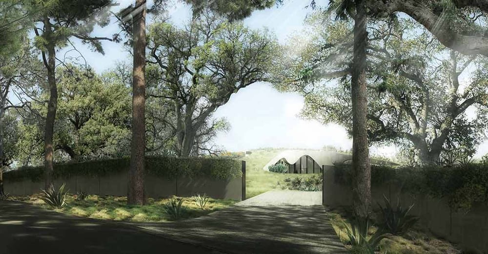Architectural drawing of a driveway to a house with trees in front of the gate