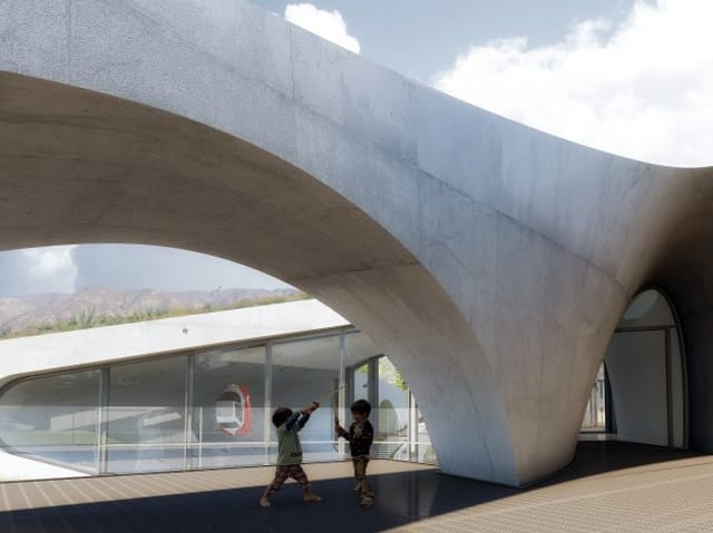 A rendering of the outside of a concrete house with two kids playing under the concrete bridge