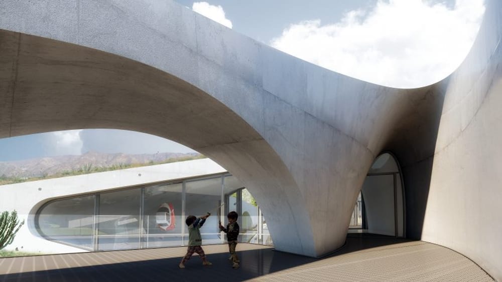 A rendering of the outside of a concrete house with two kids playing under the concrete bridge