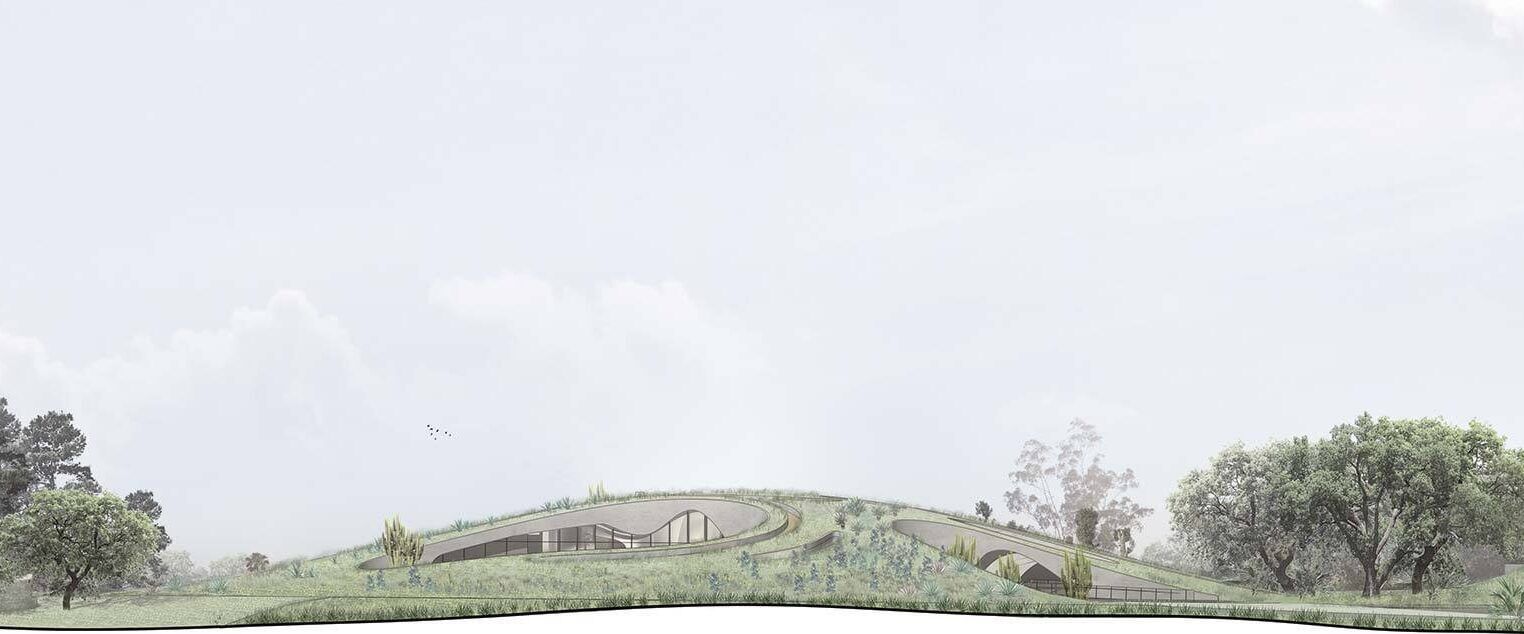 Architectural drawing of a house that blends into a hill and has a green roof, surrounded by trees