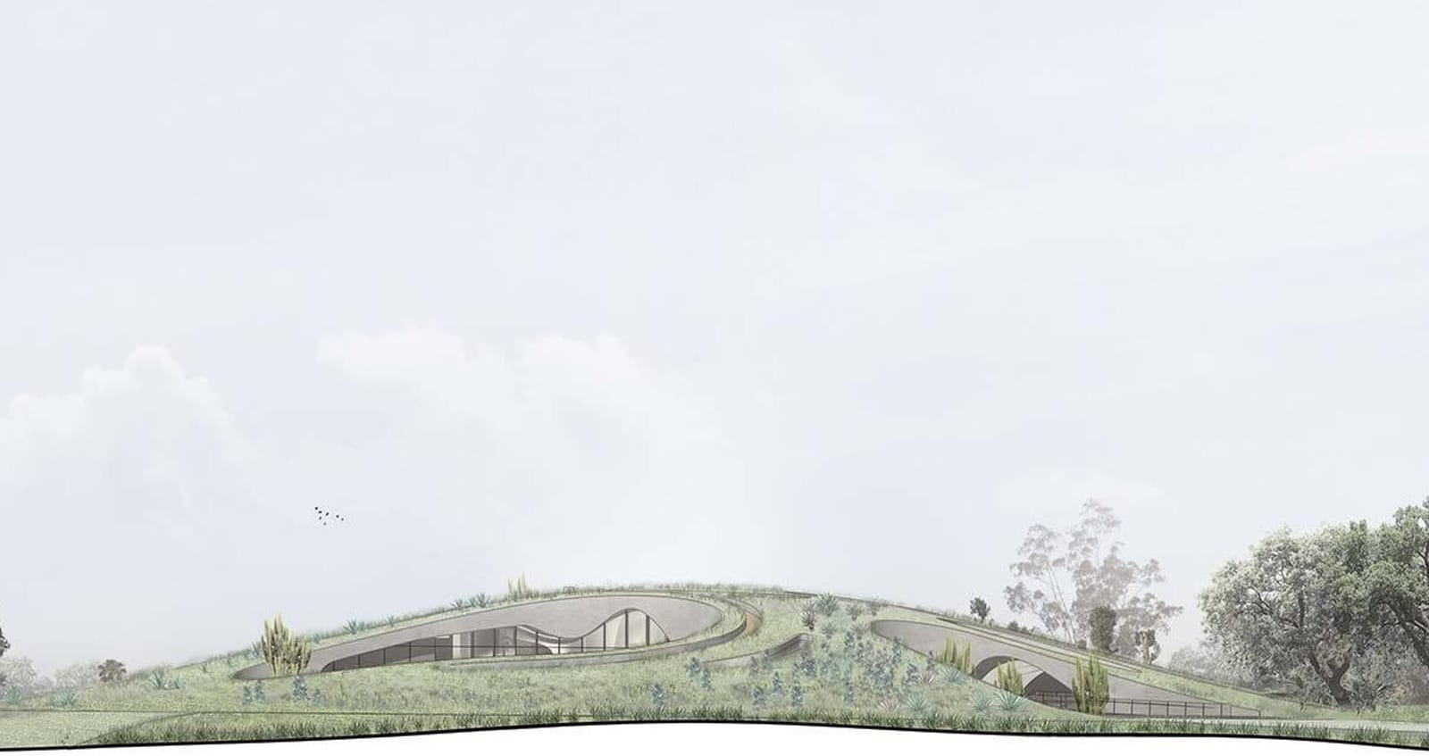 Architectural drawing of a house that blends into a hill and has a green roof, surrounded by trees