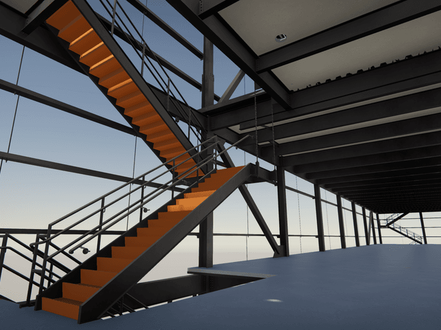 A model rendering of a stairway in a multi story building