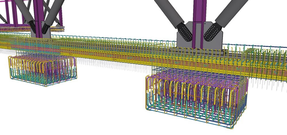 zoomed in model of the bottom of  brace frame lateral system with the rebar cage attached