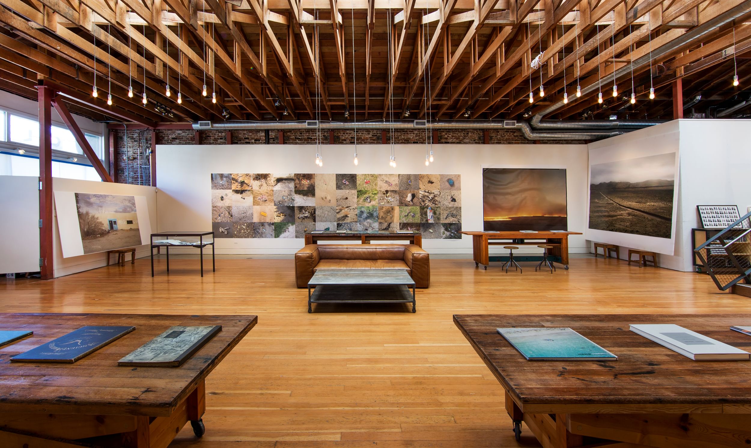 studio office space with wood paneling