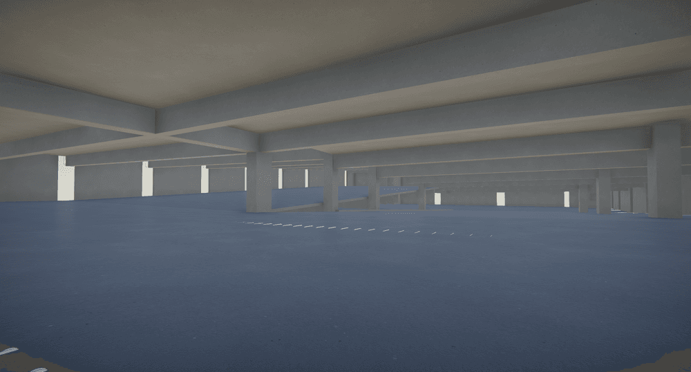 inside view of a parking garage with an incline