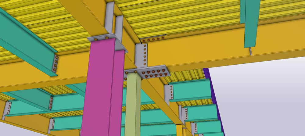 Close up of a model of steel beam connections. You can see the bolts that hold everything in place