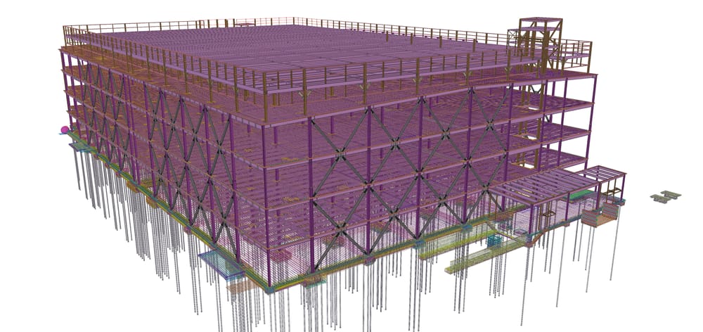 Tekla model of the structural steel skeleton of a 4 story building with the foundations