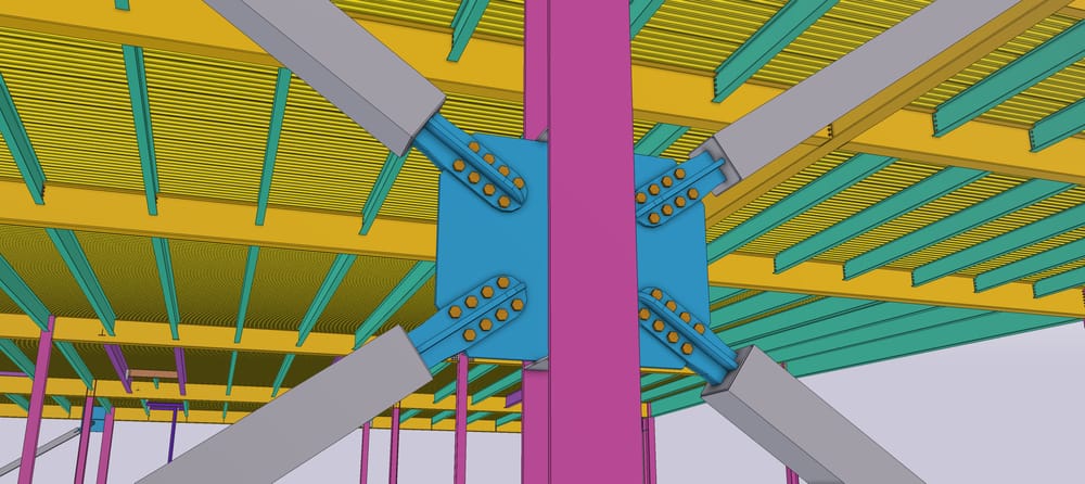 A close up of a model of a metal plate connected to a steel beam in the middle and 4 steel rods