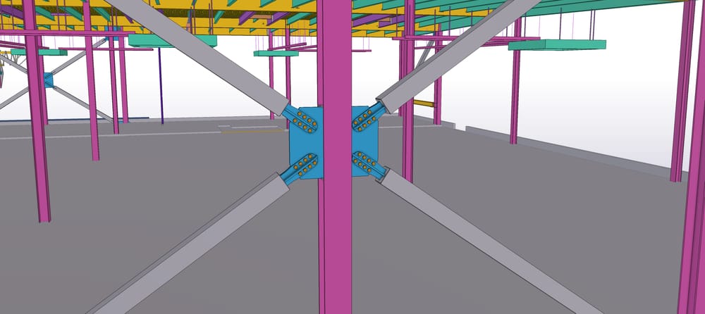 A model view of a metal plate connected to a steel beam in the middle and 4 steel rods coming out of it