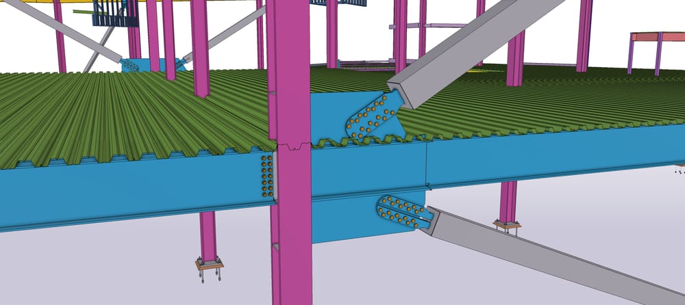 A close up view of the layer of steel beams that are in between floors