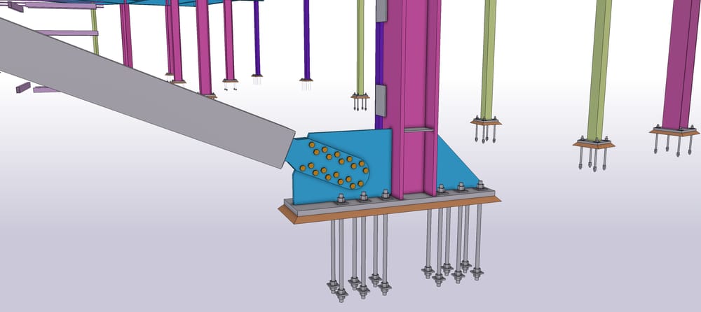 Close up view of a steel beam connection