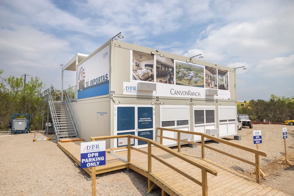 Exterior of a modular office with a Canyon Ranch sign