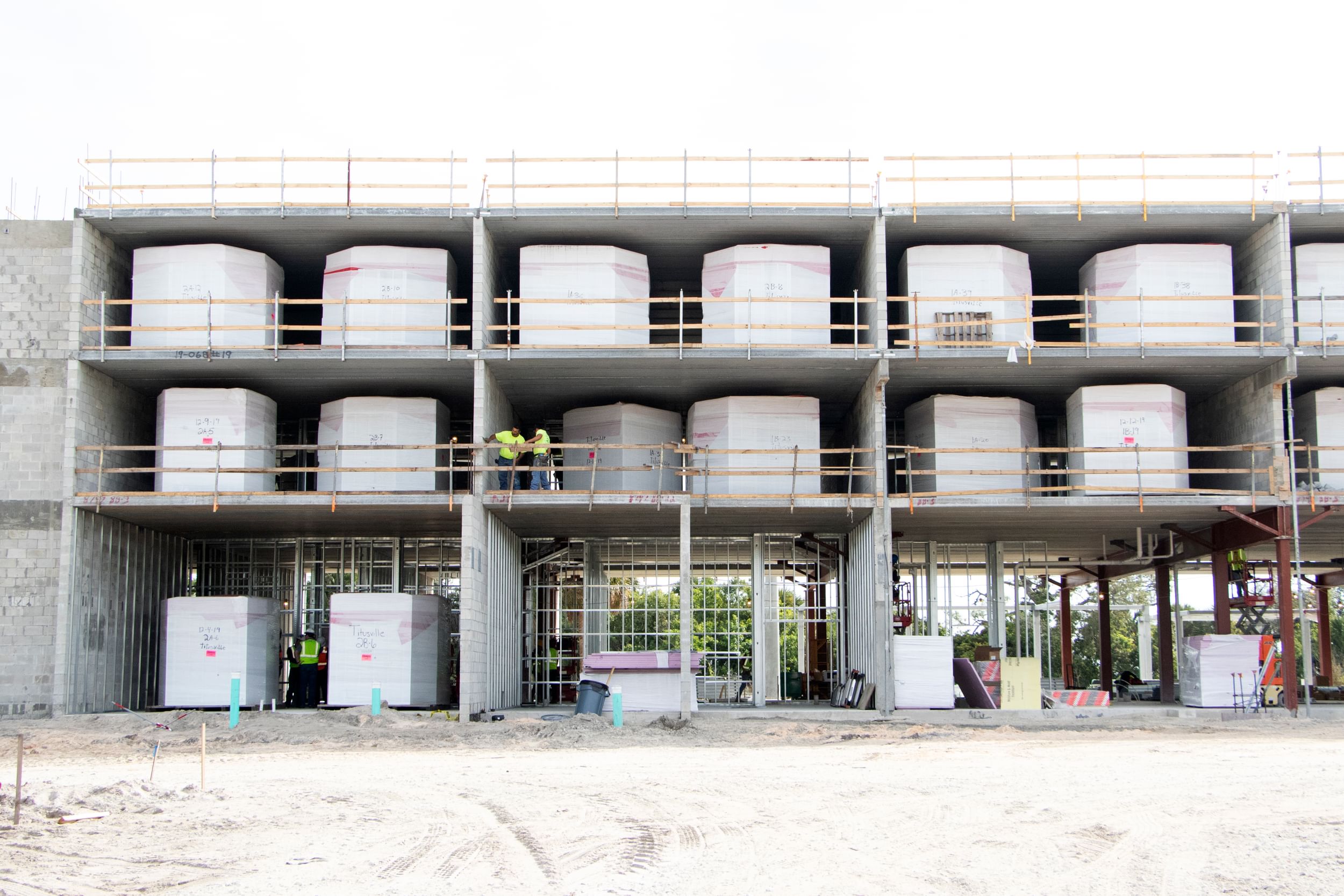 Exposed bathroom pods at jobsite