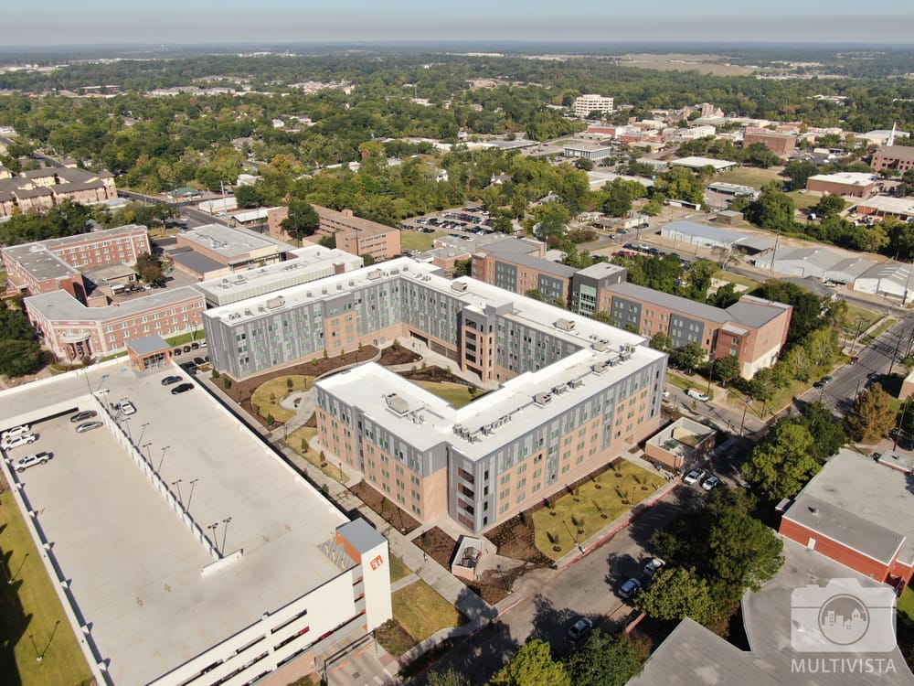 Aerial drone footage of university campus