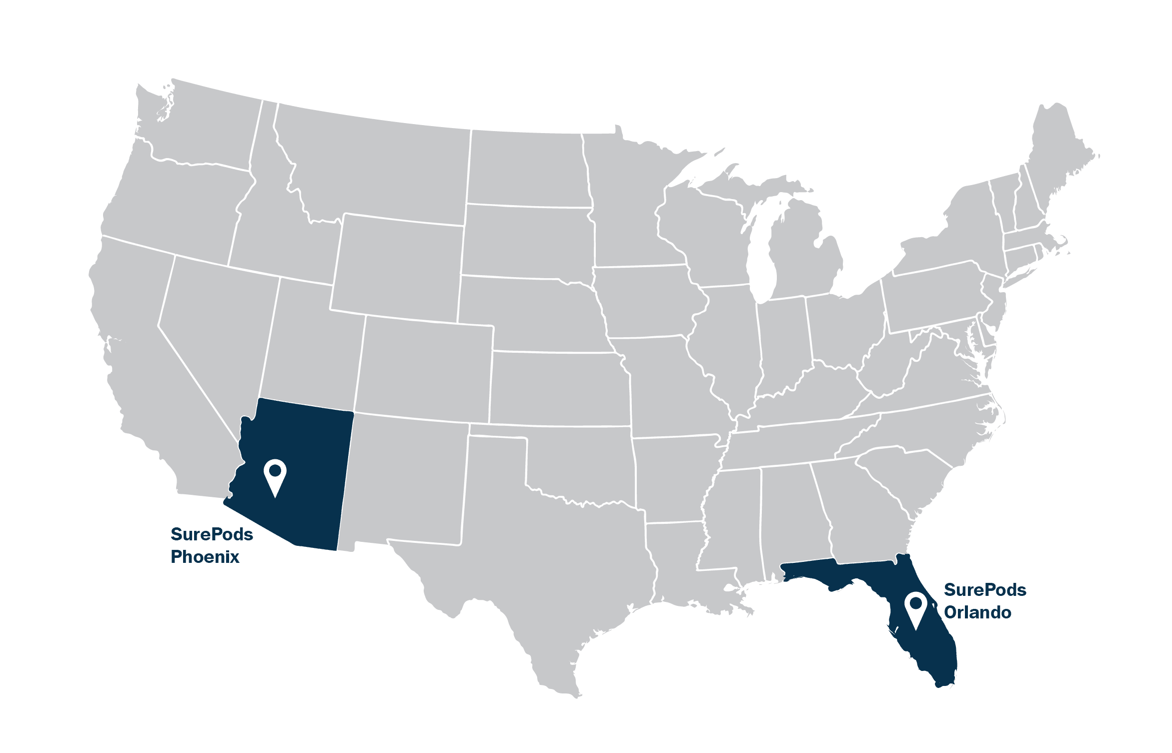 map of the united states with showing Florida and Arizona shaded in for SurePods offices in Phoenix and Orlando