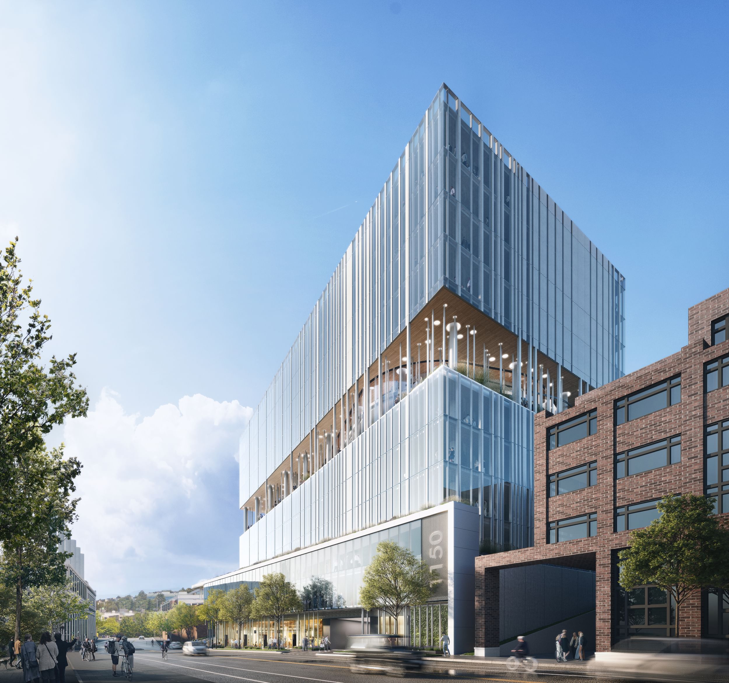 A rendering of a large exterior view of a corporate office building.