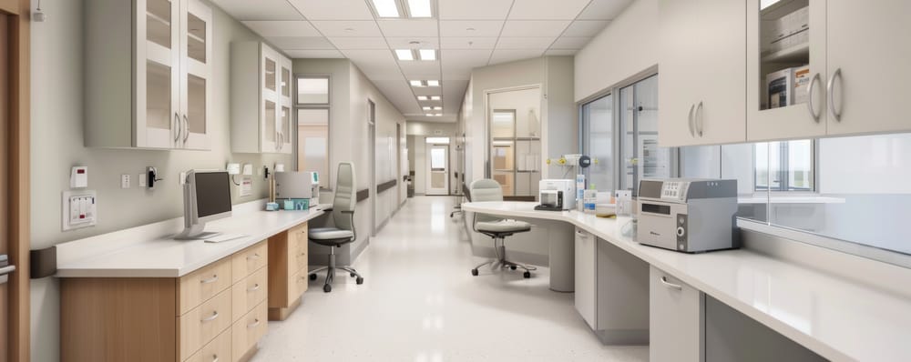 Interior hospital or healthcare offices and work stations.
