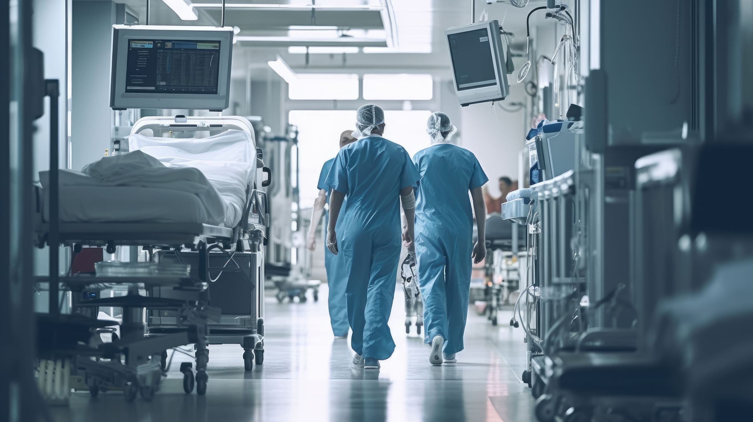 Three nurses are walking through a busy emergency room.