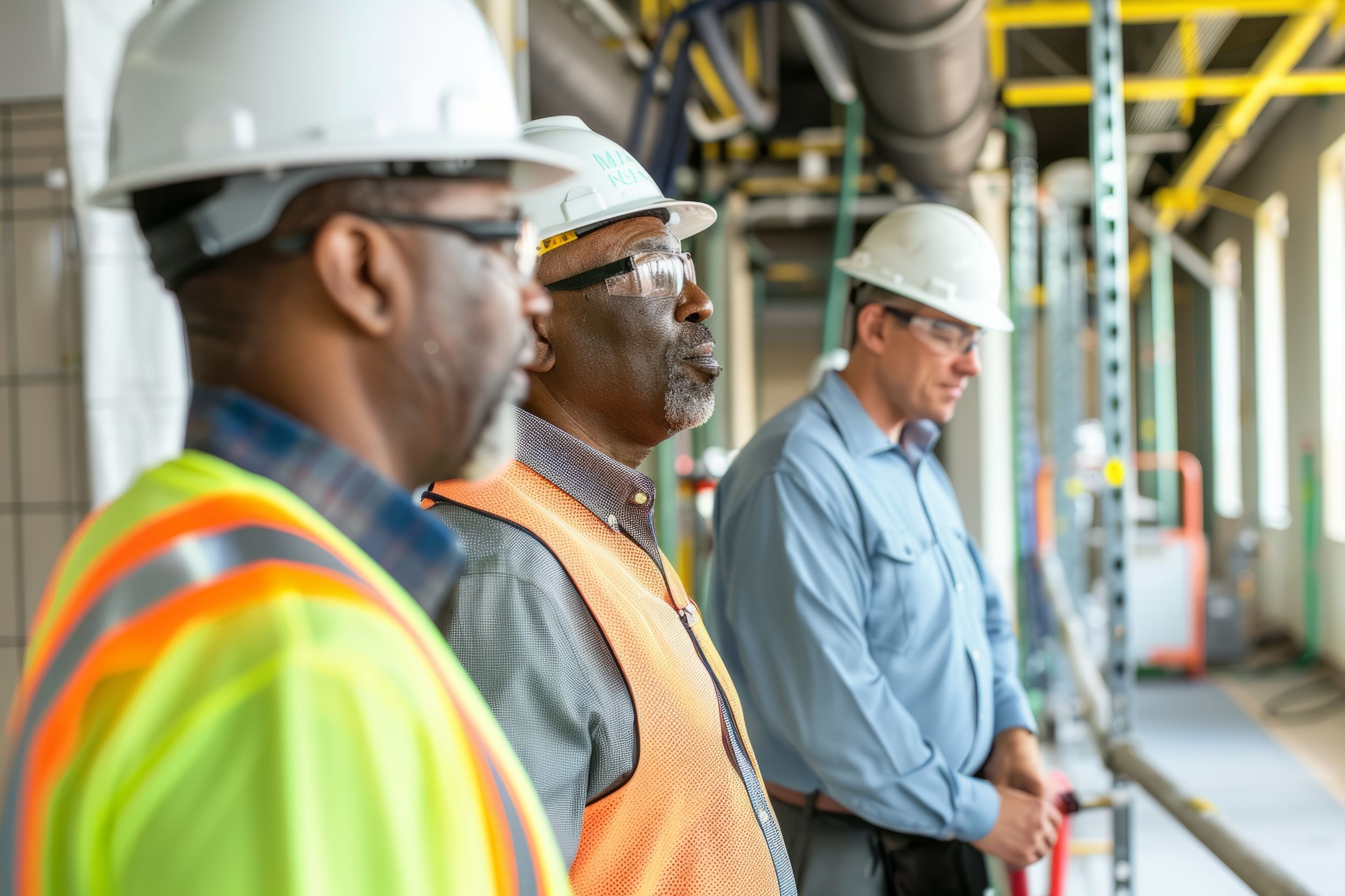 Three facility managers oversee some mechanical equipment.