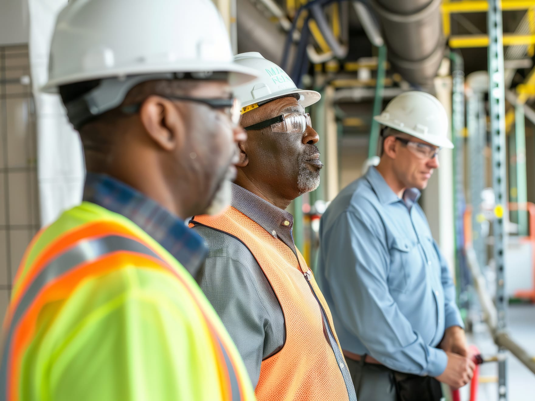 Three facility managers oversee some mechanical equipment.
