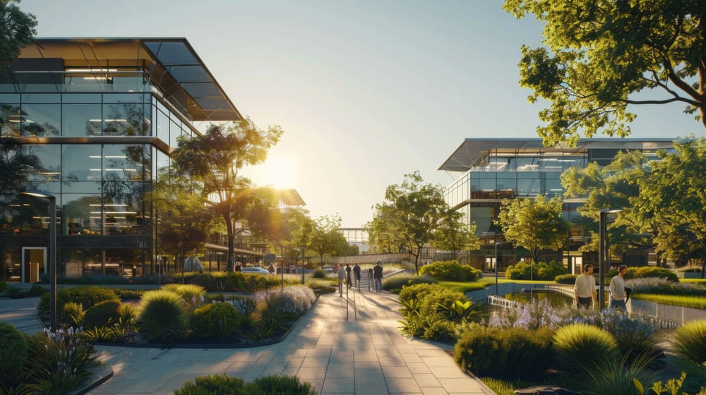 Two modern buildings with multiple stories on a higher education campus.