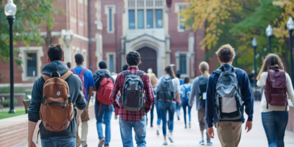 A large group of college students walk toward the entrance of a campus.