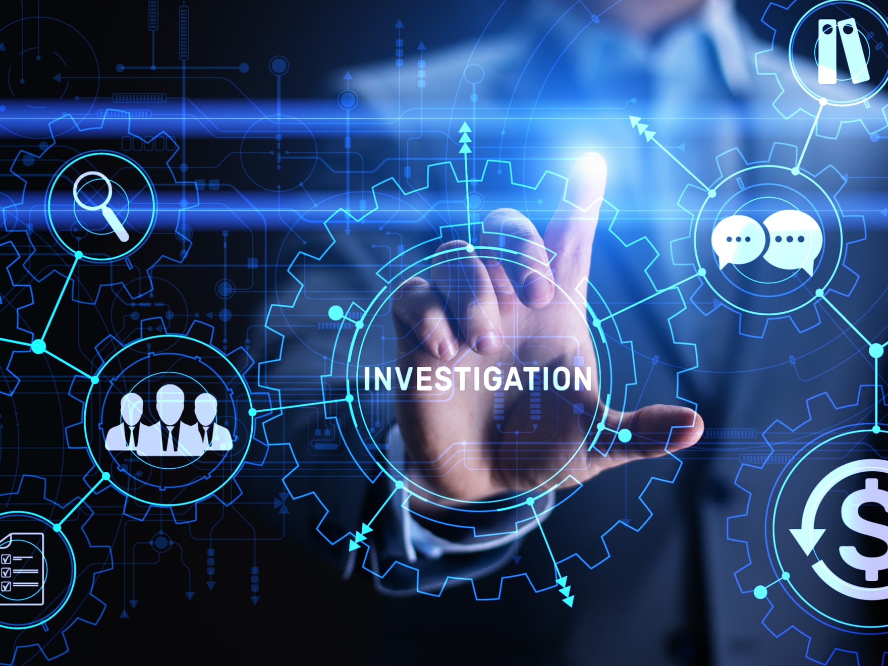 A hand touches a digital display filled with icons. The word "investigation" is centered.