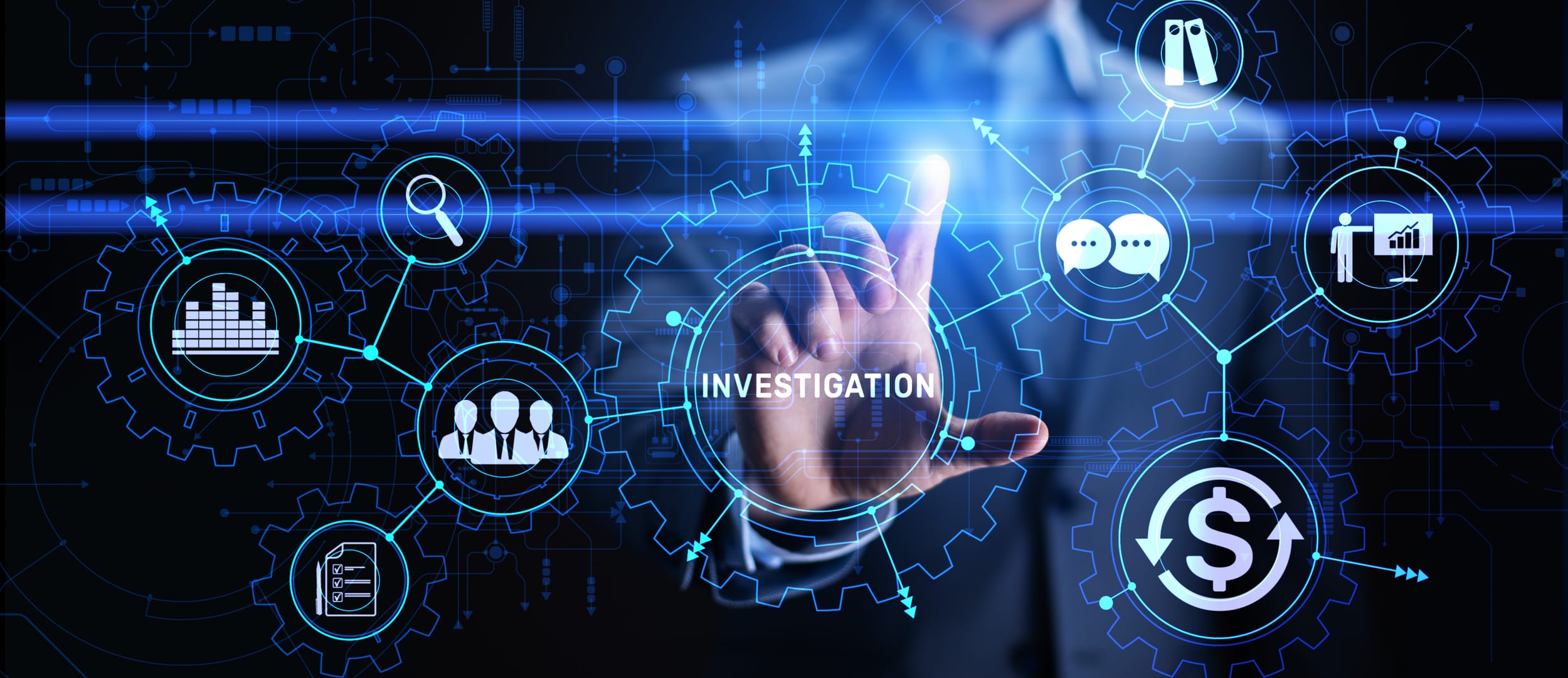 A hand touches a digital display filled with icons. The word "investigation" is centered.