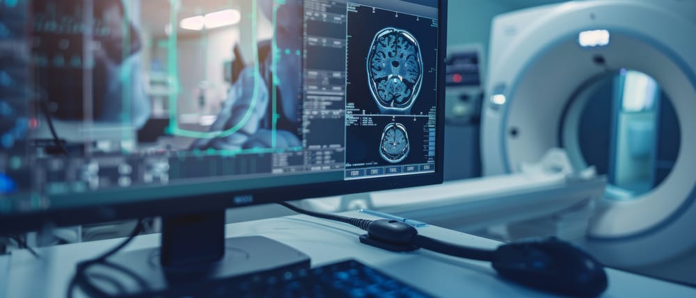Digital monitor display in front of MRI equipment.