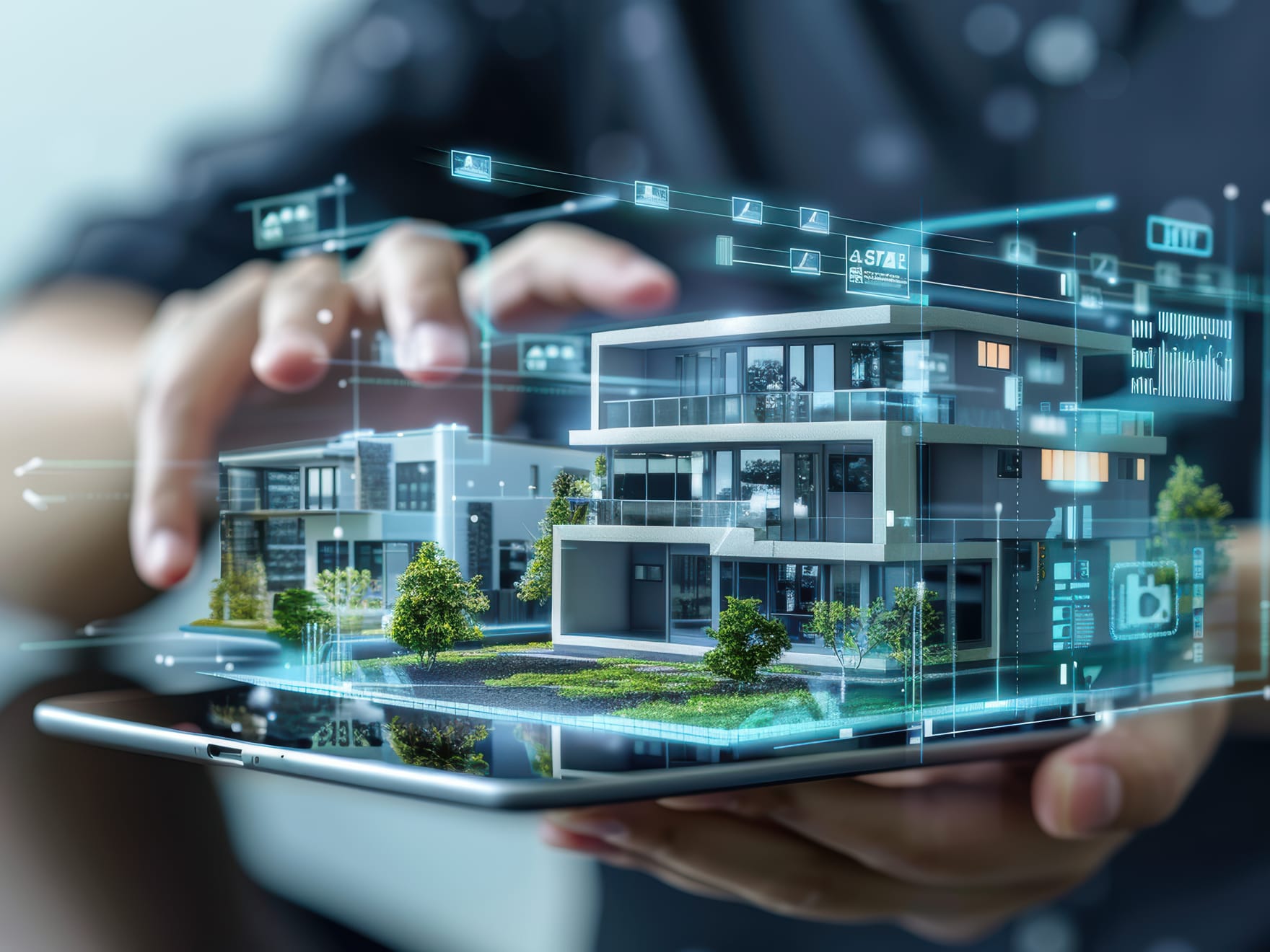 A man holds a digital rendering of a research lab.
